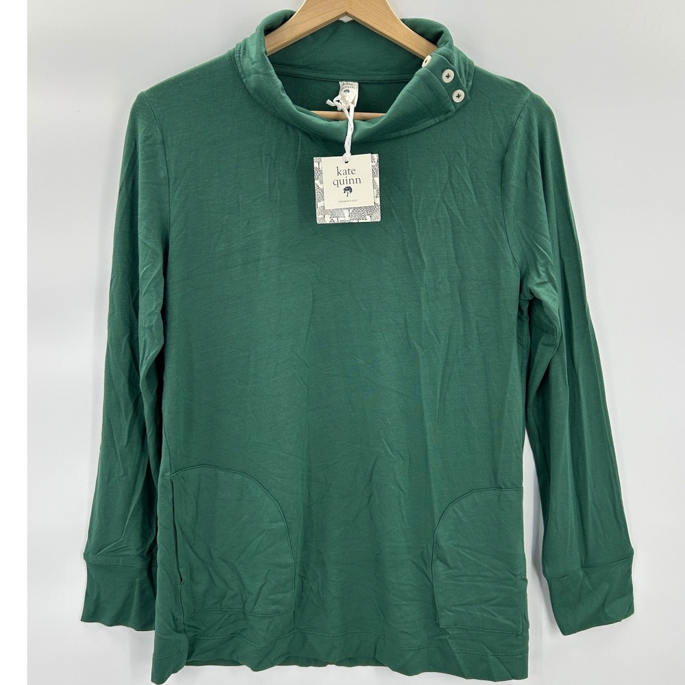 Kate Quinn Women Green Bamboo Modal Spandex Long Sleeve Button Neck Top Size S
